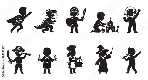A collection of black silhouette icons depicting children in various roles and fantasy characters, celebrating imagination and play.