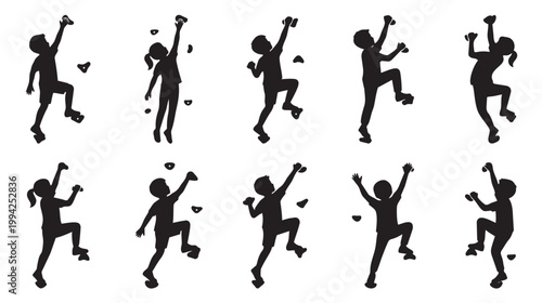 A collection of diverse black silhouettes of children actively climbing on a white bouldering wall, representing sport and fun.