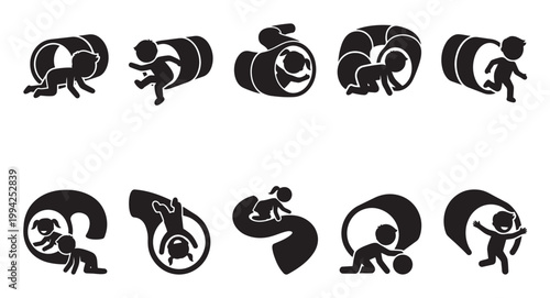 A collection of black silhouette icons depicts children interacting with abstract, curved shapes, suggesting play, exploration, and imagination.