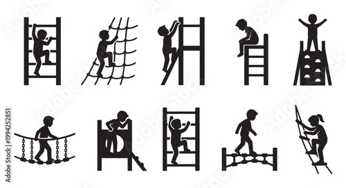 This black and white illustration features a collection of silhouette icons depicting children engaged in various playground activities like climbing ladders, nets, and bridges.