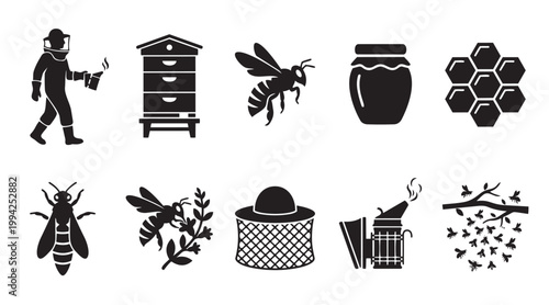 Collection of black and white beekeeping icons including a beekeeper, hive, bees, honeycomb, and honey jar, perfect for apiary and nature themes.