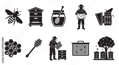 A set of simple black and white vector icons illustrating various beekeeping elements including bees, hives, honeycomb, and apiarists for use in projects.