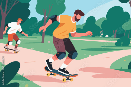 Illustration Of Two Men Skateboarding Together In A Park Wearing Hand And Foot Protection Vector Design Template