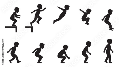 A series of black silhouette vector illustrations show a young boy in various stages of jumping and landing, demonstrating movement and activity.