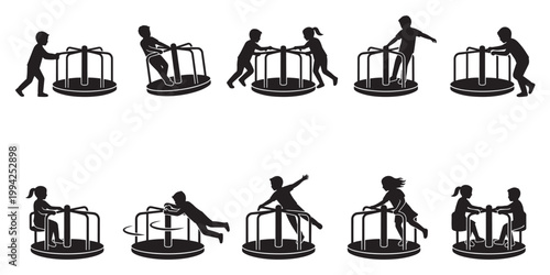 This graphic features multiple black silhouettes of children, boys and girls, actively playing on a carousel at different angles and poses.