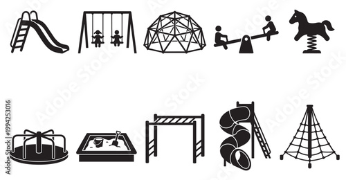A collection of black and white silhouette icons representing various playground equipment, perfect for illustrating childhood fun and outdoor activities.