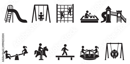 A collection of simple black silhouette icons depicts various playground activities like sliding, swinging, climbing, and playing in a sandbox.