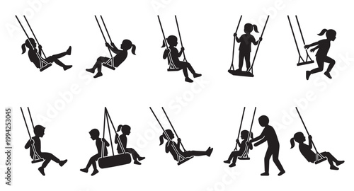 Collection of black silhouette illustrations depicting children of various ages enjoying swings in diverse playful poses on a white background.
