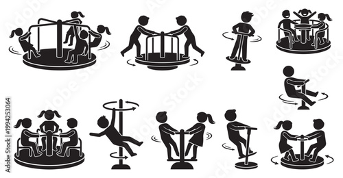 Collection of black silhouette icons depicting children actively engaged in various playground rides, evoking joy and outdoor fun.