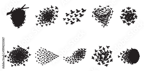 A graphic collection of black bee silhouettes in various formations, including a hive, swirling patterns, and directional flights, set against a clean white background.