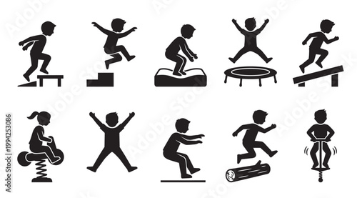A collection of black silhouette icons depicting children engaged in various active play and playground activities like jumping, hopping, and riding a spring rider.