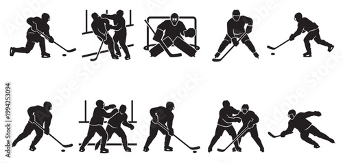 Collection of dynamic black and white silhouettes depicting various ice hockey actions including skating, shooting, fighting, and goaltending on a white background.