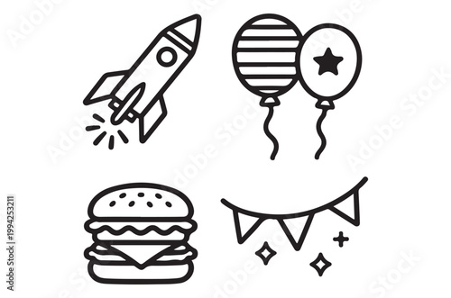 Celebratory icons depicting a rocket balloons burger and party decorations