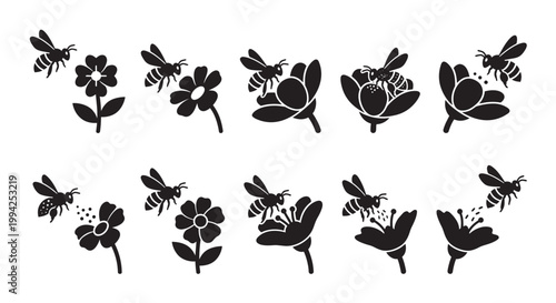 A collection of simple black silhouette illustrations depicting bees in various poses around stylized flowers, suitable for natural themes and decorative design.