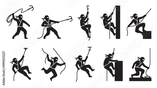 A collection of black silhouette icons depicts ninjas performing various athletic actions, including climbing, throwing grappling hooks, and using ropes, presented on a clean white background.