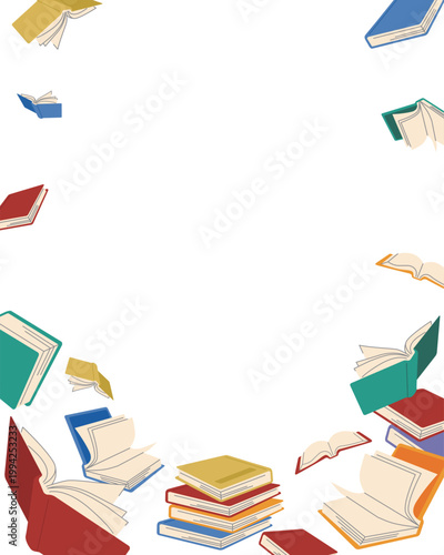本と書籍と紙ページがランダムに舞う縦サイズ背景フレーム