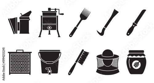 A collection of black silhouette icons representing beekeeping equipment, including a smoker, extractor, frames, and honey jar, ideal for illustrating apiary processes.
