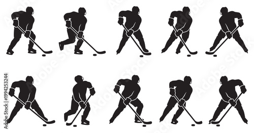 A collection of black silhouettes of hockey players in various action poses on a white background, illustrating the sport and its dynamics.