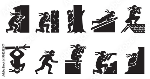Collection of black silhouette icons depicting ninjas in various stealthy poses including scouting with binoculars, hiding behind objects, and climbing.
