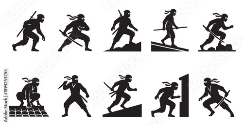 A collection of black silhouettes of ninjas in various dynamic action poses, holding swords against a white background, perfect for conceptual designs.