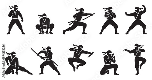 Collection of ten black silhouettes of ninjas in various dynamic action poses on a white background, suitable for martial arts or gaming themes.