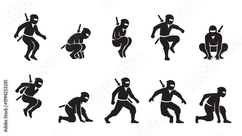 A set of black silhouette icons depicting a ninja in various action poses, ready for combat or stealth maneuvers against a clean white background.