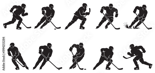 A collection of black and white silhouettes depicts male hockey players in various dynamic action poses on a white background, showcasing sport and movement.