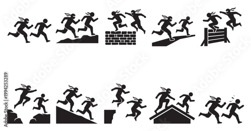 A collection of black silhouette icons depicting ninjas running and jumping over various obstacles, representing action, agility, and challenges.