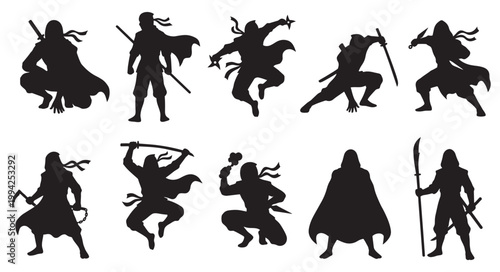 Collection of black silhouette ninja figures in dynamic action poses, wielding various weapons like swords, shurikens, and nunchucks against a white background.
