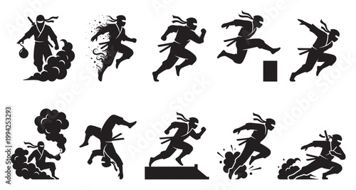 Dynamic black silhouettes of ninjas in various action poses like running, jumping, and throwing, with smoke and particle effects. Ideal for action, martial arts, or stealth-themed designs.