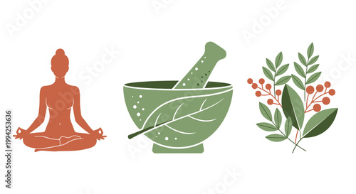 Minimalist wellness icons featuring yoga meditation and herbal medicine