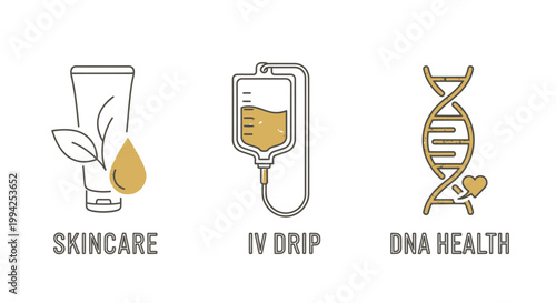 Minimalist wellness icons for skincare iv drip and dna health