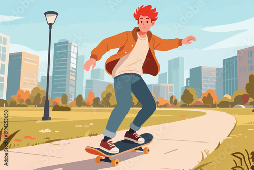 Illustration Of A Red-Haired Young Man Skateboarding In A Park With Buildings In The Background Vector Design Template