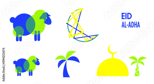 Modern Eid al-Adha minimalist icons with sheep and mosque