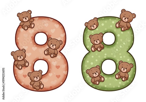 可愛いクマの８の数字イラスト２種