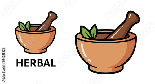 Mortar and pestle icon set with green herbal leaves