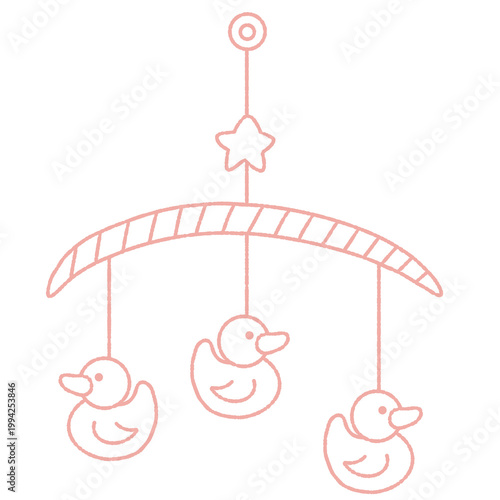 Cute Hand-Drawn Baby Crib Mobile Illustration: Adorable Yellow Duck Hanging Decor for Nursery Art, Baby Shower, and Infant Room Design.