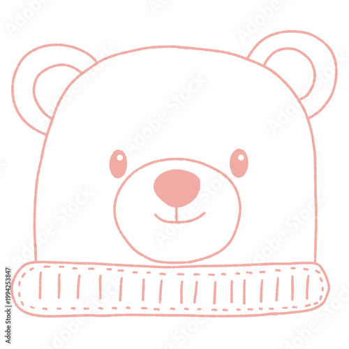 Cute Hand-Drawn Bear Beanie Hat Illustration: Adorable Knit Animal Cap for Baby Shower, Nursery Decor, and Newborn Apparel Design.