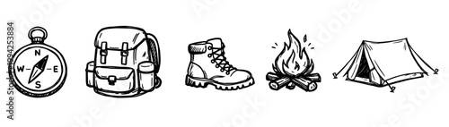 Camping Adventure Outline Icon Set. Hand drawn hiking gear including compass, backpack, boots, campfire and tent.