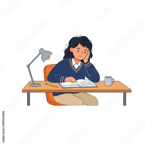 A student sits bored at a desk with a book and a mug