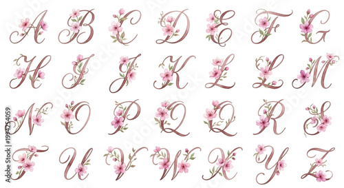 Watercolor Cherry Blossom Initial Monogram Elements for Wedding Couple