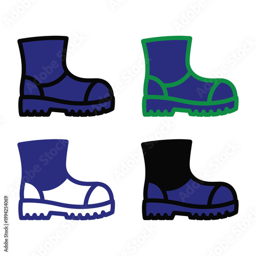 Collection of four distinct blue boot icons with varying color accents and outline styles.