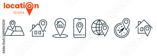 Location line icon set. Map pin, home marker, GPS pointer, mobile navigation, globe pinpoint, compass, house address, simple vector illustrations. Outline signs for travel. Editable Stroke.