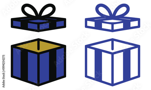 Open gift box with blue and black stripes and matching ribbon bow in flat style and outline version.