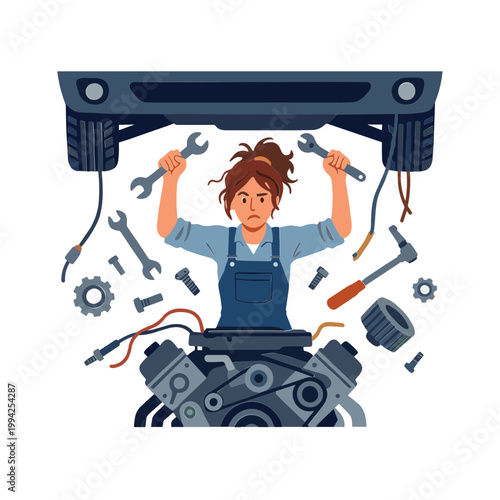 Mechanic woman repairs engine with tools in garage workshop setting