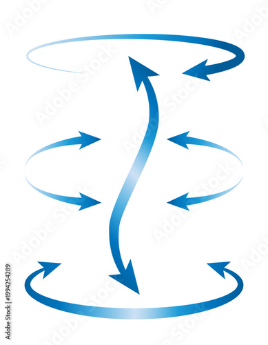 垂直方向の伸縮と回転するフローを表現したベクター素材｜エネルギーの対流、体幹や軸のサポート、空気の循環を視覚化する抽象的なインフォグラフィック