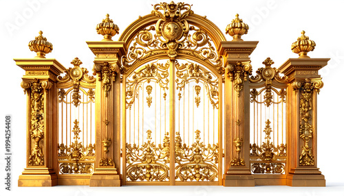 An ornate, golden gate with intricate carvings and decorative elements stands prominently against a clean white background, showcasing a luxurious and classical design.