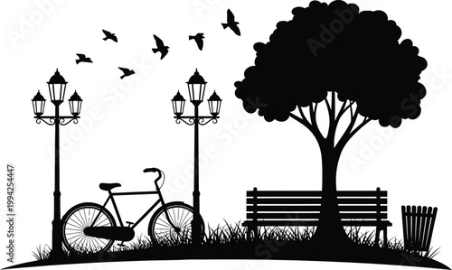 Black silhouette of a park scene with a bicycle street lamps bench tree and flying birds white