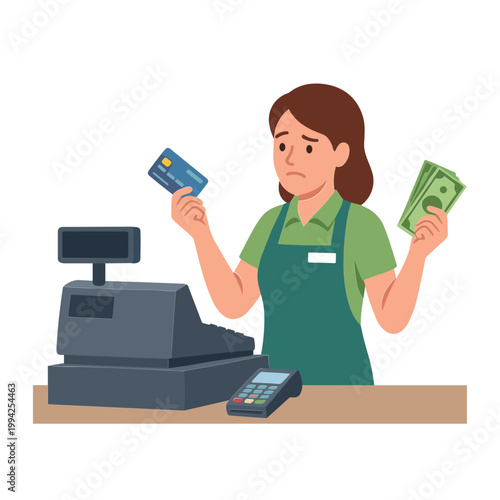 Woman compares credit card and cash at store checkout counter.