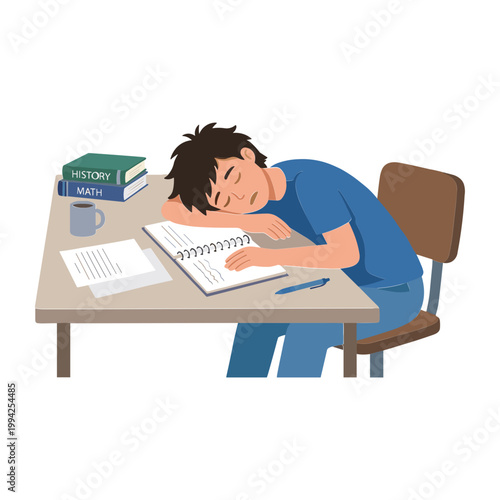 A student falls asleep at his desk while studying with books and a mug nearby.